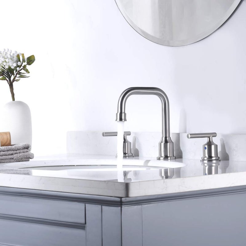 WOWOW 2 Handles 8 inch Widespread High Arc Bathroom Faucet Brushed Nickel Lavatory Faucet 3 Hole 360Â°Swivel Spout Modern Sink Basin Faucets - Image 2